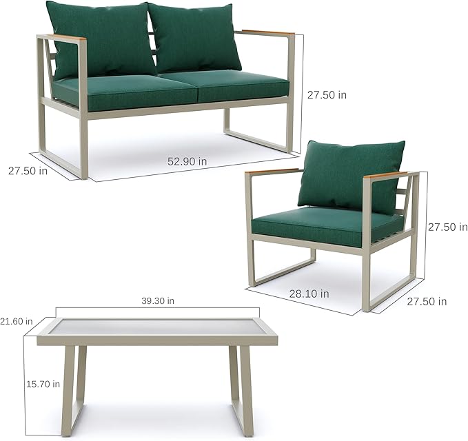 EAST OAK Courtyard Patio Furniture Set, 4-Piece Outdoor Patio Set with Sofa, Removable & Washable Seating Cushion, Tempered Glass Table, Outside Patio Conversation Sets, Champagne Gold & Jungle Green