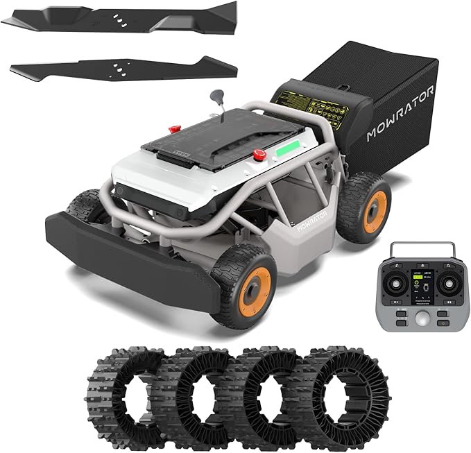 Mowrator S1 4WD 18Ah Remote Control Lawn Mower with Deformable Tires, All-Season Yard Care, 119% (50°) Slope Climbing, with Leaf Shredding Vacuum, 21" Width, 1.5–4.3" Cutting Height, Up to 1.12 Acres