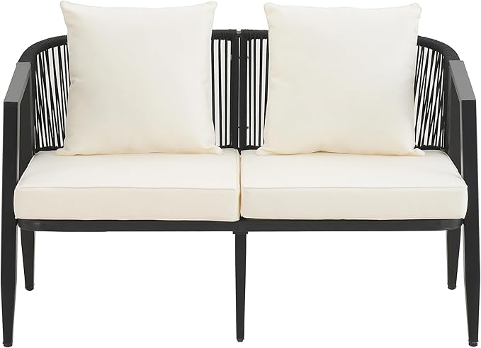 GDFStudio Aoxwe 4 Piece Outdoor Conversation Set, Rope Woven Club Chairs, Woven Open Back Loveseat, Slats Panel Design Coffee Table, Iron Frame Sectional Conversation Set for Poolside, Beige