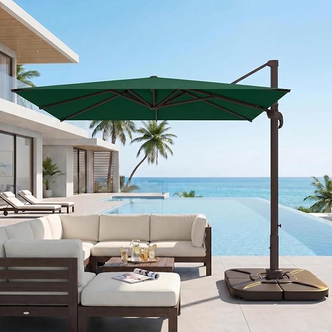 Kingdura 10' X 10' Cantilever Patio Umbrella with Base Included, Large Square Aluminum Outdoor Offset Umbrella with 360-degree Rotation, 4 Position Tilt, UV Protection for Pool Deck Garden Patio (Dark green)