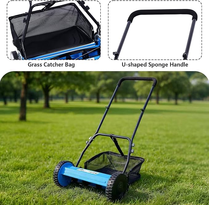 20" Push Reel Lawn Mower, 5-Blade Manual Push Lawn Mower with Grass Catcher and Adjustable Cutting Height, No-Motor Grass Cutter Machine for Small Yards & Gardens