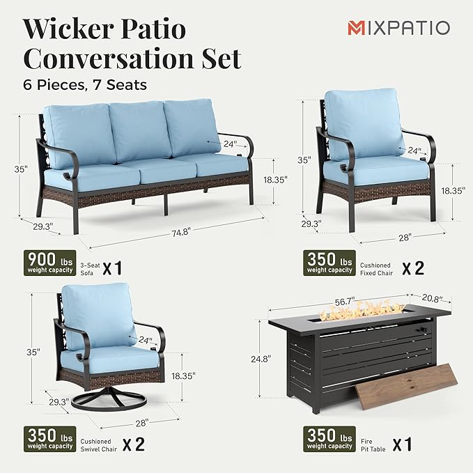 Patio Furniture Set with Fire Pit Table, Metal Outdoor Conversation Set with 5.75'' Extra Thick Cushion, 2 Swivel Chairs, 2 Leg Chairs, 3-Seat Sofa and Gas Fire Pit Table, Blue