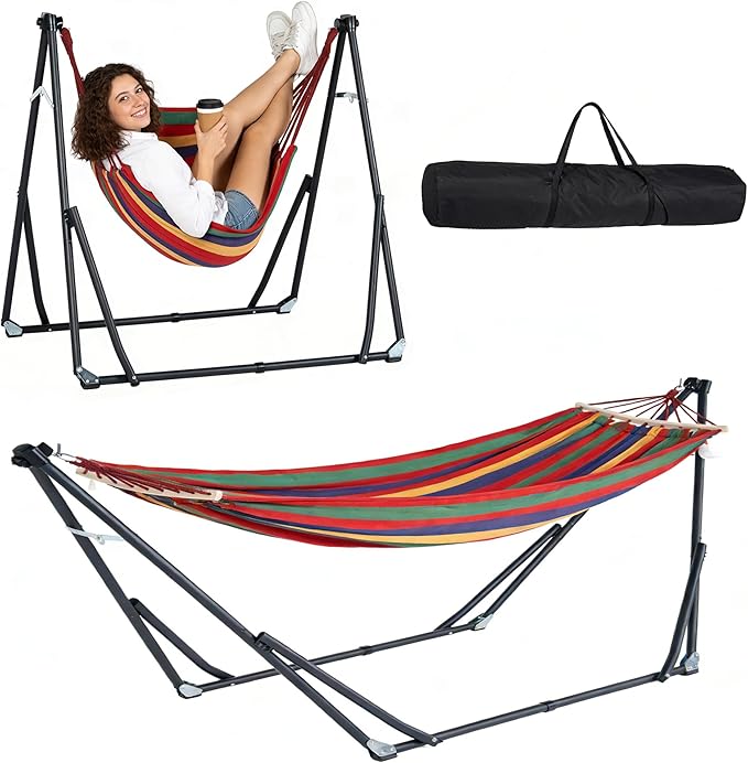SogesPower 2 in 1 Hammock with Foldable Steel Stand & Carrying Bag,Portable Hammock Swinging Chair for Outdoor Patio Garden Camping Apartment,Color Stripes