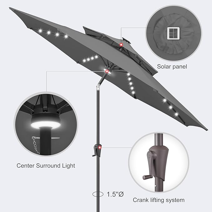 Jarka&Co 9ft Solar Patio Umbrella - 2 Tiers Solar Outdoor Umbrella with 40 LED Lights Waterprool UV Protection, Market Table Umbrella with Tilt for Backyard, Garden, Pool, Porch (Anthracite)
