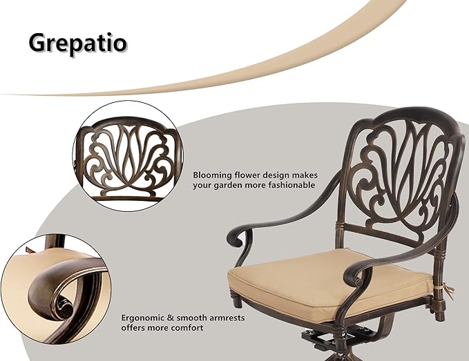 Grepatio 9 Piece Cast Aluminum Patio Furniture Set Outdoor Dining Set Bistro Furniture Set with 6 Chairs 2 Swivel and Dining Table with Umbrella Hole, 8 Cushions for Backyard Garden (Khaki)