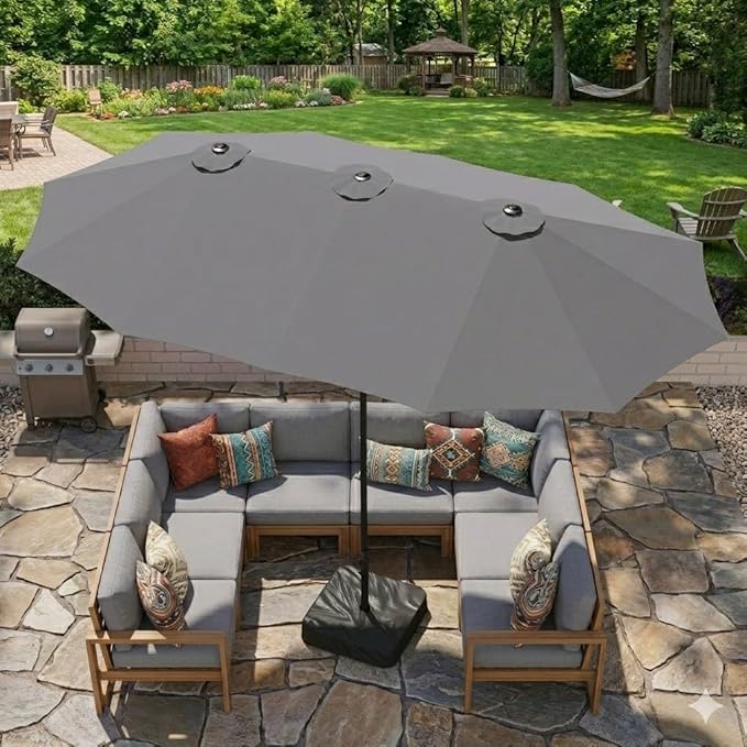 DomeShade 15ft Patio Umbrella with Base,Large Outdoor Double-Sided Rectangle Umbrella with Crank Handle, Market Umbrella for Poolside Garden Deck Backyard Beach Pools, Gray