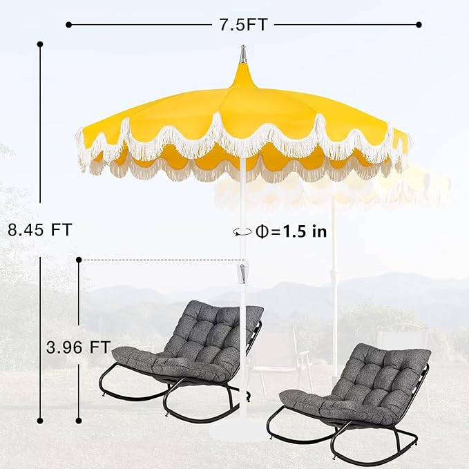 7.5ft Pagoda Patio Umbrella with Fringe, UPF50+ Tassel Umbrella with Crank & Fiberglass Ribs, Holiday Outdoor Umbrella for Garden Pool Lawn Yard Table