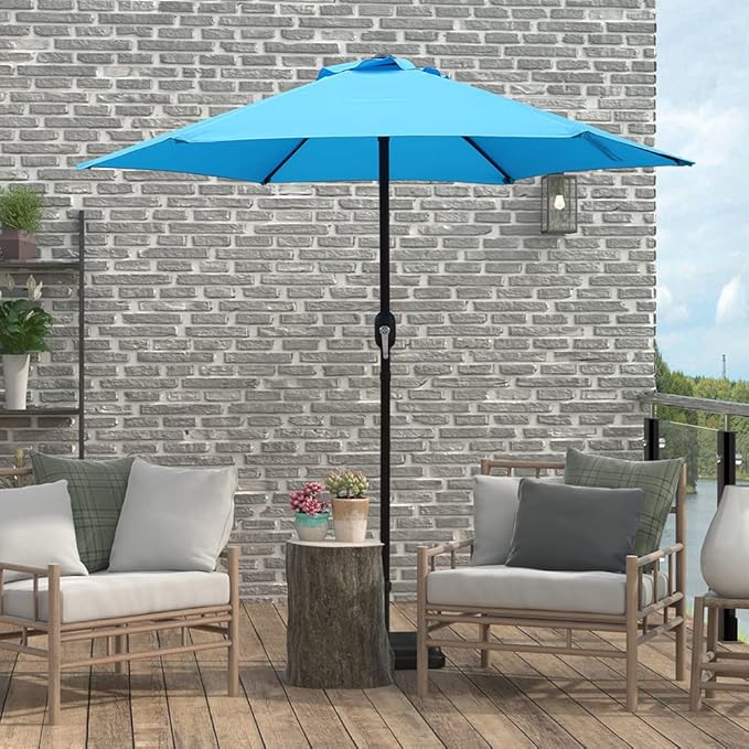 7.5 Feet Outdoor Umbrella with Crank Weather Resistant Umbrella Durable 6 Sturdy Steel Ribs Market Outdoor Table Umbrella Aqua