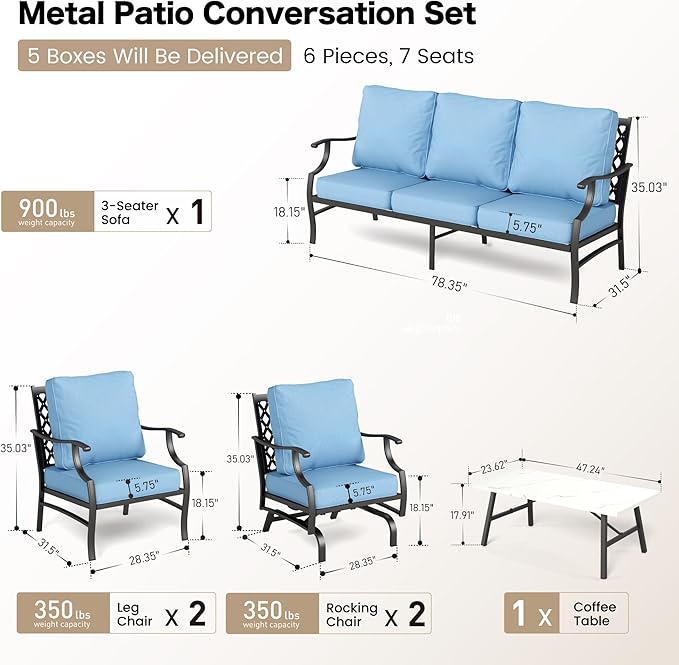6 Piece Metal Outdoor Patio Furniture Set, Patio Conversation Set 1 3-Seater Sofa, 2 Rocking Chair, 2 Leg Chair with 5.75" Thick Cushion and Coffee Table, Backyard Furniture Set, Blue
