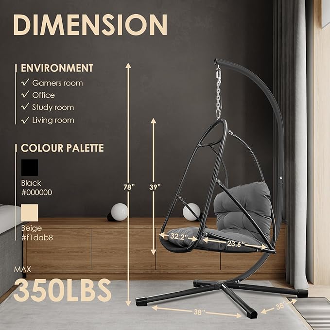 JESE Swing Egg Chair Foldable Frame Hanging Chairs, UV Resistant Waterproof Cushion and Cup Holder,Swing Hammock Chairs for Patio,Bedroom,Balcony, Garden-350lbs, Stand Included, Brown