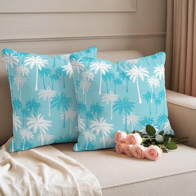 Throw Pillow Covers 18x18 Inch Set of 2, Tropical Palm Tree Waterproof Outdoor Pillow Covers, Blue Cyan Plants Coastal Leaf Beach Decorative Cushion Pillowcases for Couch, Sofa, Bed, Garden, Patio