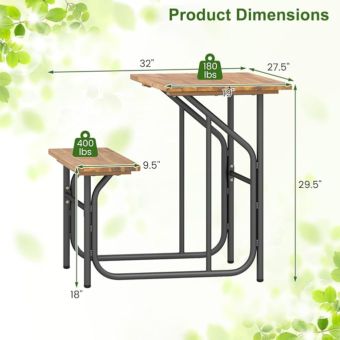 HAPPYGRILL Acacia Wood Picnic Table Bench Set, Dining Table and Bench Set with Heavy Duty Metal Frame, for Patio Porch Garden and Backyard