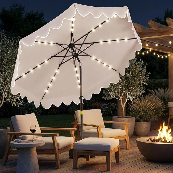 Happygrill 9FT Solar Patio Umbrella, Outdoor Market Table Umbrella with 32 LED Lights, Weighed Base, 2 Sandbags, Tilt & Crank, 8 Ribs, Fabric Canopy Sunshade, Vented Top for Garden Deck Pool Backyard (Beige)