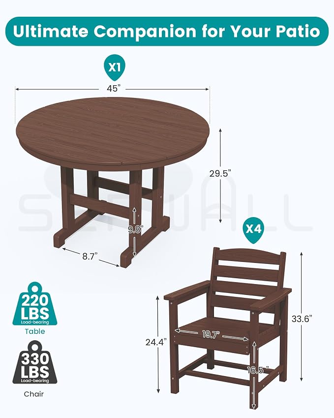 SERWALL 5-Piece Patio Dining Sets, HDPE Outdoor Table and Chairs Furniture Set, 45" Round Dining Table and 4 Dining Chairs, Coffee