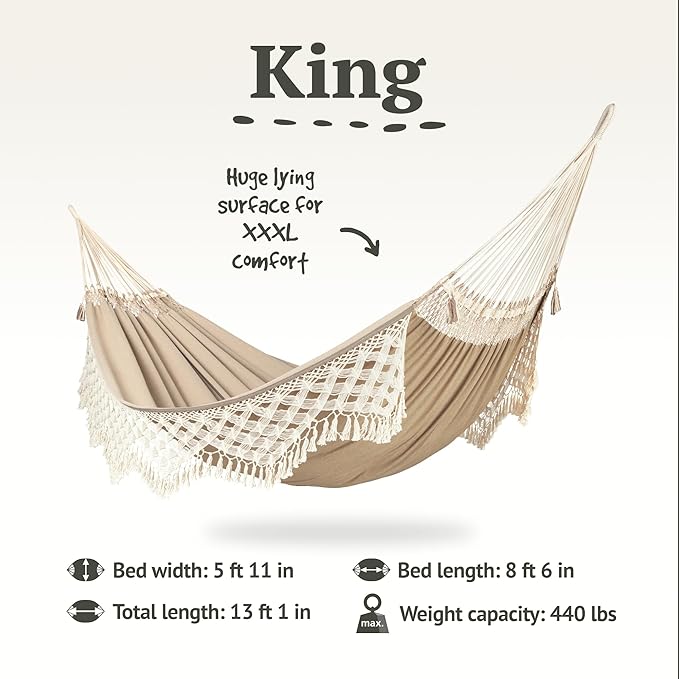 LA SIESTA® - XL King Bossanova Brazilian Hammock - Luxurious Comfort, Organic Cotton Handmade in Brazil - Boho Hammock, Macrame Hammock - Extra-Wide Indoor Hammock Bed for Relaxation - Muscade
