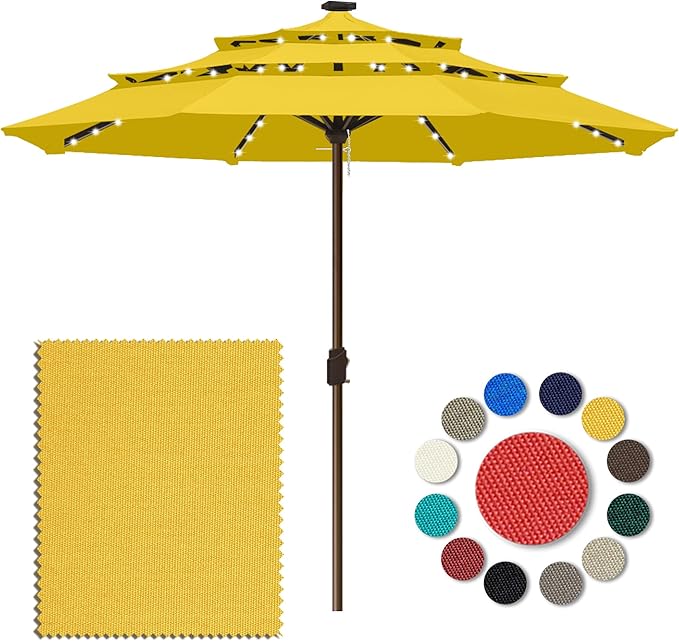 Eurmax USA 10-Year-Non-Fading 10FT 3-Tier Outdoor Patio Market Umbrella with LED Lights,UPF50+ UV Resistant,Commercial Grade,Crank Lift Design,Windproof Vented Top for Garden,Pool,Deck,Sunflower Yellow