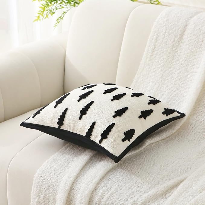 Boho Tufted Chenille Throw Pillows with Inserts, 18 x 18 Inch Soft Square Decorative Pillows, Modern Farmhouse Cushions for for Home, Patio, Couch, Bedroom, Living Room (Black Tree)