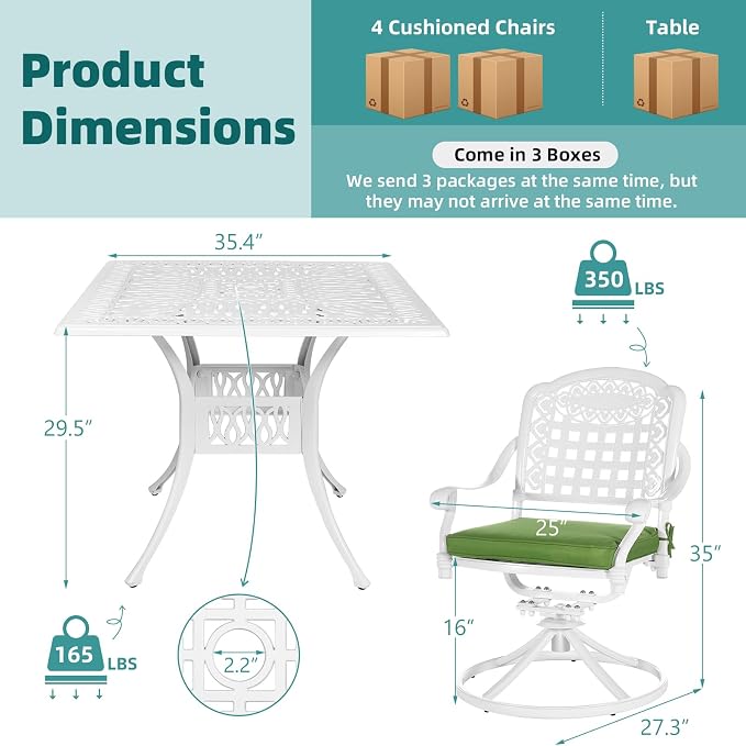 MEETWARM 5-Piece Outdoor Patio Dining Set, All-Weather Cast Aluminum Patio Conversation Set with 4 Cushions Swivel Rocker Chairs for Backyard Garden Deck and 35.4" Square Table, White
