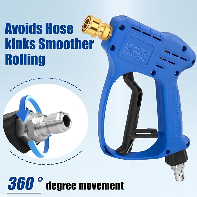 Stubby Swivel Pressure Washer Gun - 5000 PSI / 10 GPM with 3/8" Male Plug and 1/4” Quick Connector and M22-14mm M22-15mm Connector Comprise 5 Nozzle Tips - Compatible with Foam Cannon