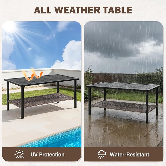 Sunset Escape Wicker Coffee Table, Rattan Rectangle Tea Table with Wood Grain Tabletop and 2-Tier Storage for Patio, Balcony and Garden, Black/Brown