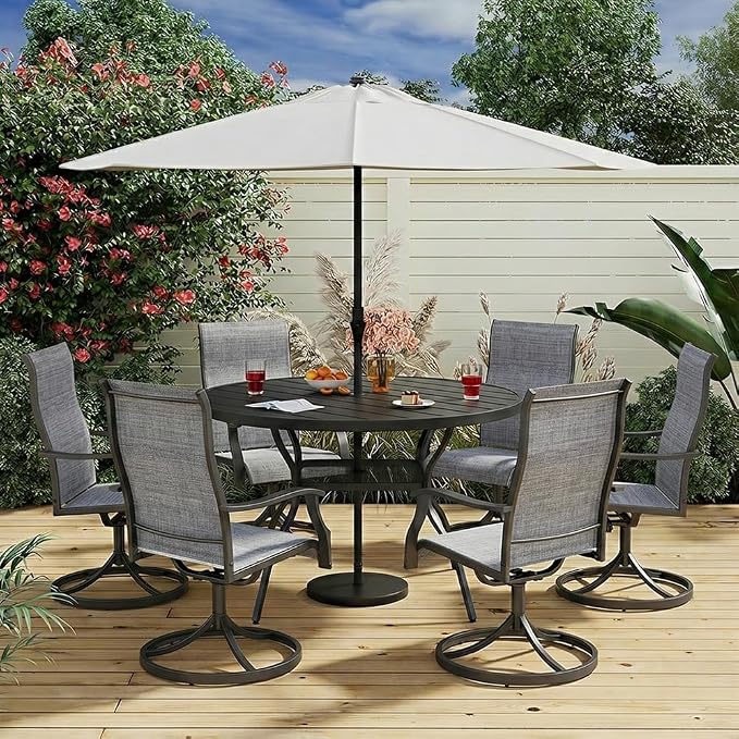 47.2 Inch Outdoor Dining Table for 6 – E-Coating Metal Round Patio Table with Adjustable 1.57" Umbrella Hole, All-Weather Table for Porch, Garden, Backyard, Poolside, Lawn