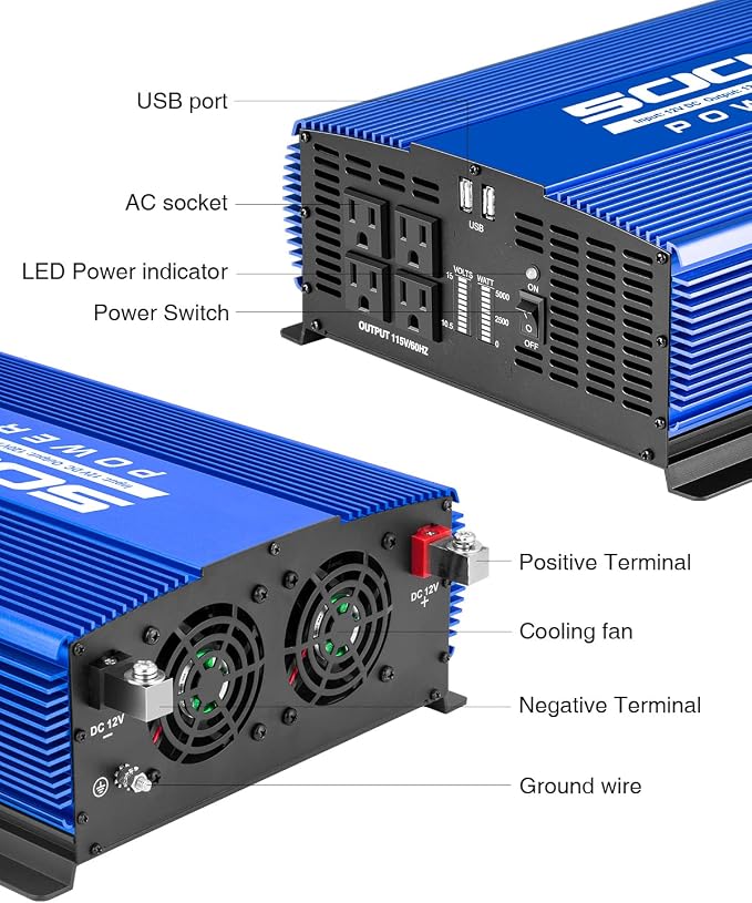 5000W Power Inverter 12V to 110V Car Inverter with 4AC Outlets 2USB Ports for Camping/Truck/RV/Home