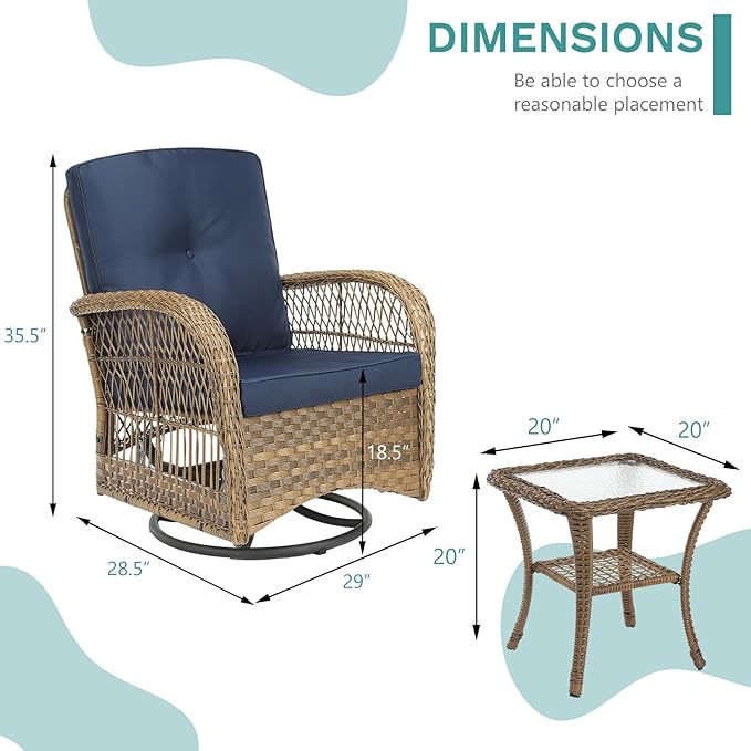 MEETWARM 3 Pieces Outdoor Wicker Swivel Rocker Patio Set, Rocking Chairs Rattan Patio Furniture Sets with Thickened Cushion and Glass-Top Coffee Table, Conversation Bistro Set for Porch (Navy Blue)