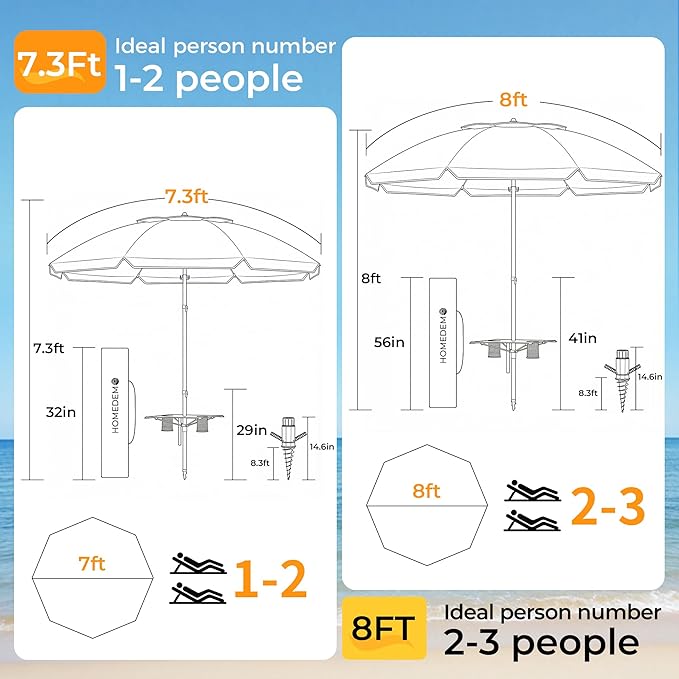 HOMEDEMO 8FT Large Beach Umbrella with Weight Bag & Sand Anchor, Outdoor Umbrellas with Adjustable Aluminum Pole and Table, Heavy Duty Windproof & UPF 50+