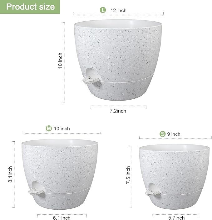 WSMKSZ 12/10/9 inch Large Self Watering Pots, Plant Pots with Mesh Drainage Holes for Indoor Outdoor Garden Plants, Flower Pots with Deep Reservoir, Set of 3 Plastic Planters, Specked White