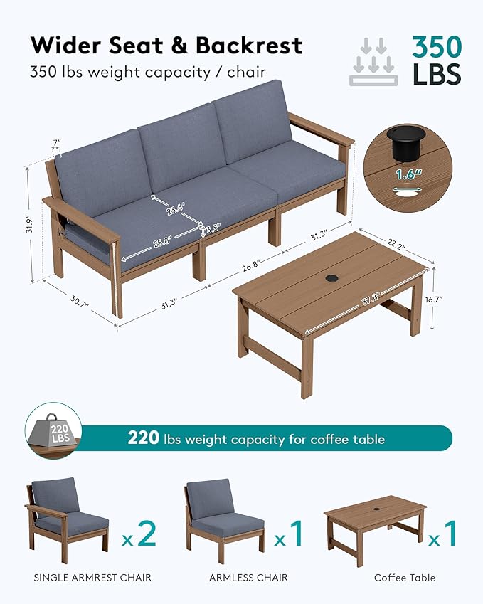 SERWALL HDPE Patio Sofa Set, 4-piece Outdoor Sectional Furniture Set, All Weather Outdoor Couch Set Patio Furniture Set for Deck, Lawn, Brown Frame with Grey Cushion