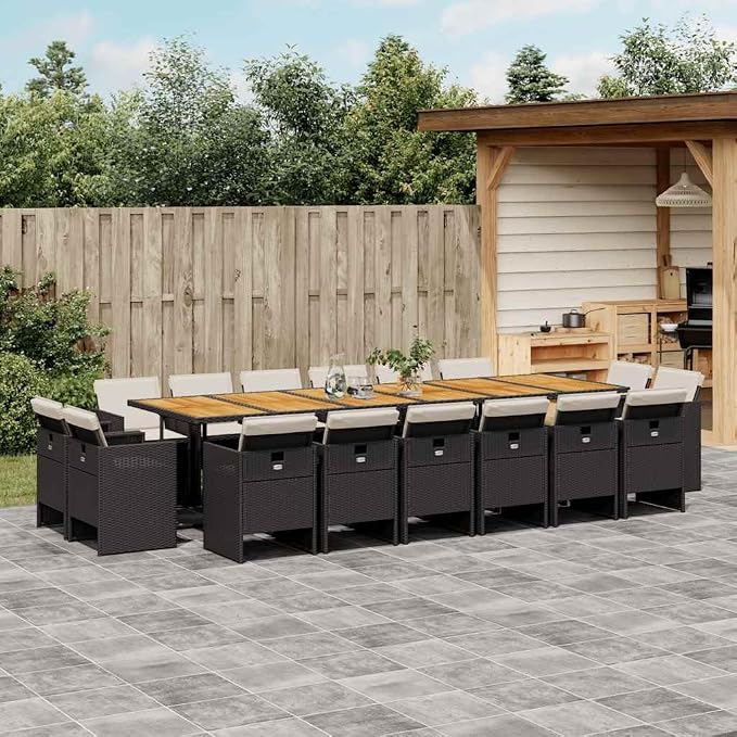 17 Piece Garden Dining Set with Cushions, Rectangular Acacia Wood Table and 16 Folding Chairs, PE Rattan Patio Set for Outdoor Gatherings