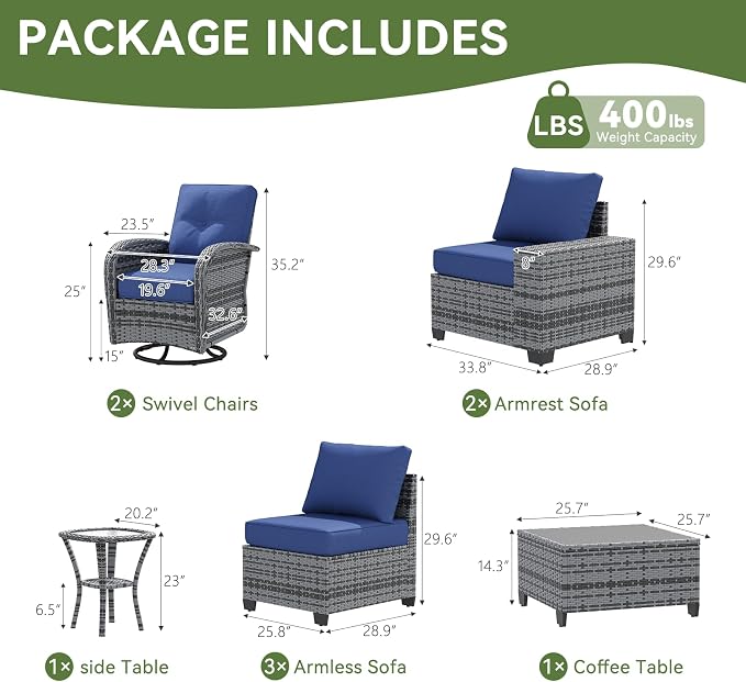 LazySunsets 9 PCS Patio Furniture Set, Outdoor Sectional All-Weather Wicker Conversation Set with Swivel Rocker Chairs, 4'' Thick Cushions for Backyard Poolside(Navy/Grey)