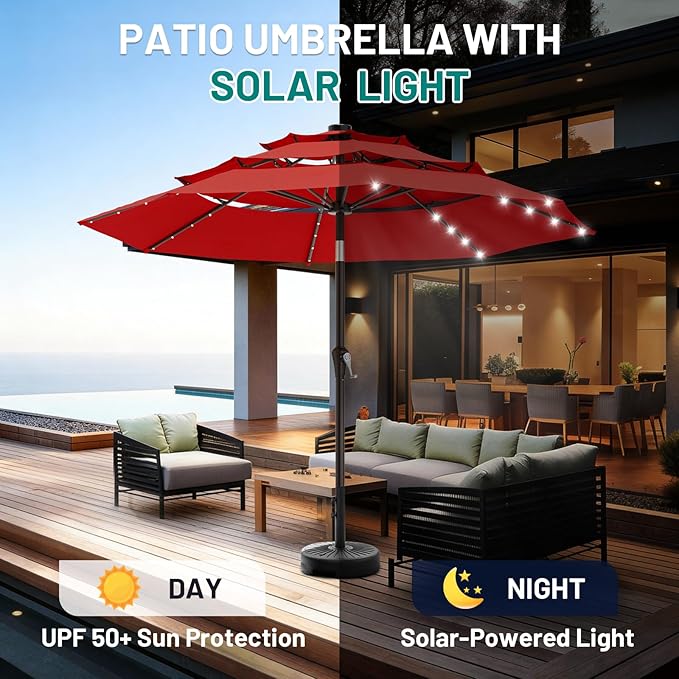 AreShark 9ft 3 Tiers Patio Umbrella with Solar Lights, Outdoor Umbrella w/ 32 LED Lights&8 Sturdy Ribs, Table Umbrella for Deck, Backyard, Pool (Red)