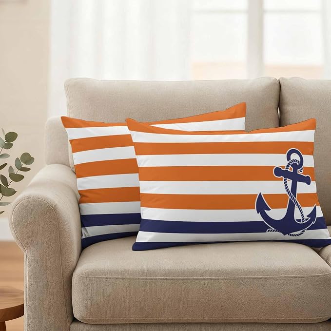 Lumbar Pillow Covers 20x12 Inch Set of 2, Anchor Orange Waterproof Outdoor Cushion Covers, Modern Navy Blue White Striped Nautical Decorative Pillowcases for Couch, Sofa, Bed, Garden, Patio