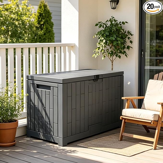 Outdoor Storage Box, Weatherproof Resin Deck Bin with Heavy-Duty Lid, High Load Capacity, Perfect for Patio Furniture, Garden Equipment, and Pool Accessories 804D