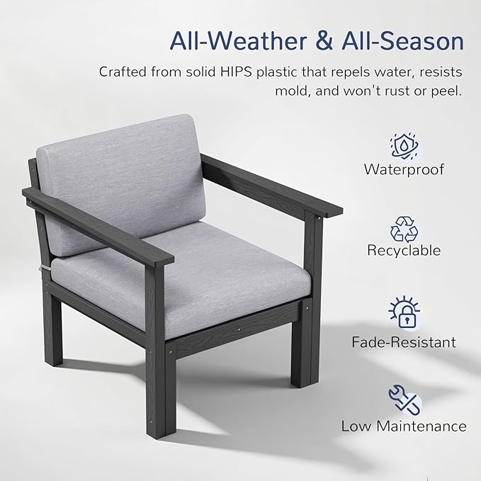Stoog Modular Armchair with Removable Arms - HIPS Frame & Deep Seat Waterproof Patio Chair for Sectional, Black