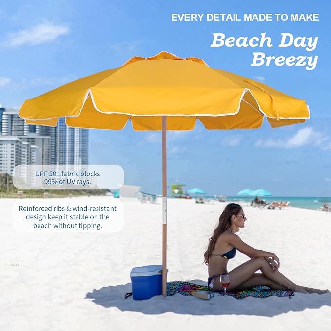 AMMSUN 7.5ft Heavy Duty High Wind Beach Umbrella Commercial Grade with Air Vent Ash Wood Pole & Carry Bag UPF 50+ Sun Protection for Patio Garden Pool Backyard Yellow