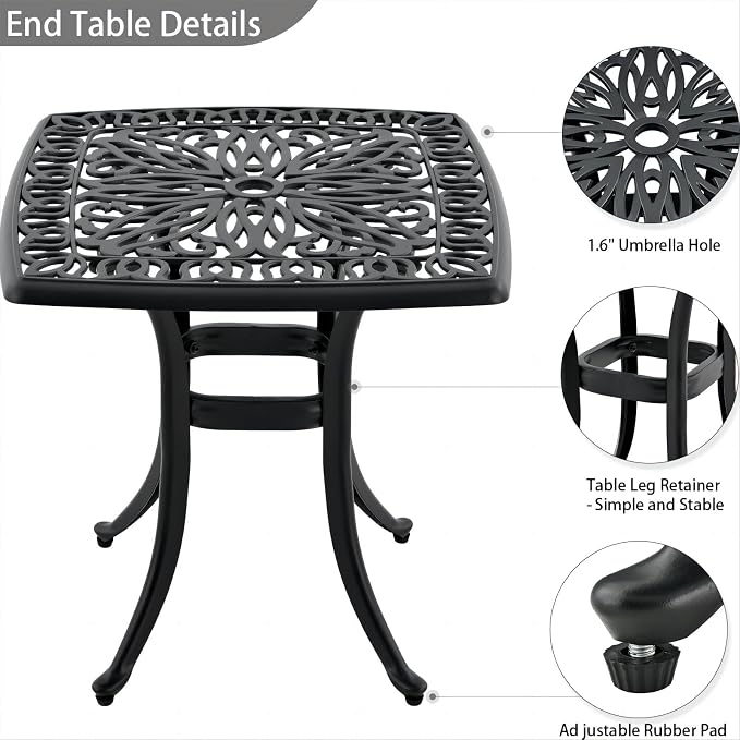 Outdoor 21" Cast Aluminum Square Side Table End Table for Patio, Backyard, Pool, Indoor Companion, Easy Maintenance and Weather Resistant, Black