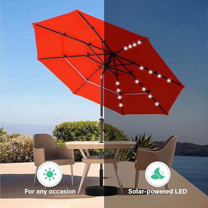 JEAREY 3 Tiers Patio Umbrella with Solar Lights 9ft Outdoor Market Table Umbrellas with Push Button Tilt for Outside Pool Garden, Orange