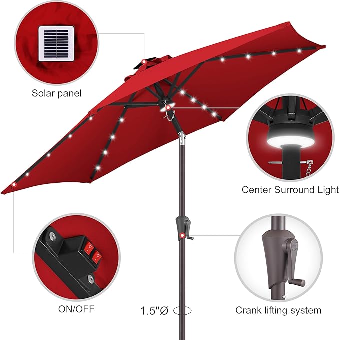 10ft Solar Patio Umbrella - Outdoor Umbrella with Centre Surround Light 24 LED Lights, Market Table Umbrella with Tilt for Pool, Porch, Garden, Deck, Backyard UV Protection (Red)