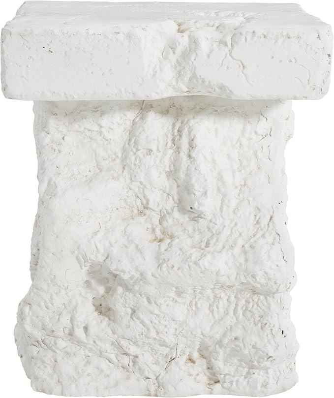 Christopher Knight Home Nataly 18.75" H Small Outdoor Side Table, Carved Garden Stool with Stone Block Shape, Lightweight Concrete End Table, Patio Decorative Home Stool for Balcony Backyard, White
