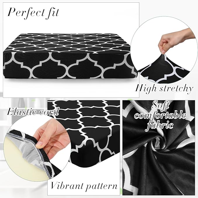 Newwiee 4 Pcs Waterproof Outdoor Cushion Covers for Patio Furniture Stretch Outdoor Couch Cushion Covers Replacement Moroccan Pattern Chair Seat Sofa Slipcovers Soft Flexibility Protector(Black)