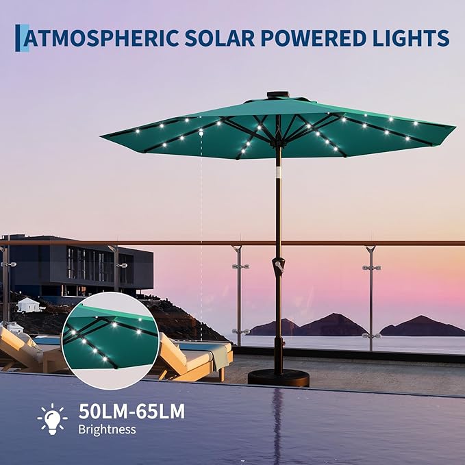 Garvee 9FT Solar Patio Umbrella with 32 LED Lights - Outdoor Table Umbrella with Crank Lift, Push Button Tilt and 8 Sturdy Ribs - Market Umbrella UV Protection for Pool, Deck, Yard, Garden -Sky Blue