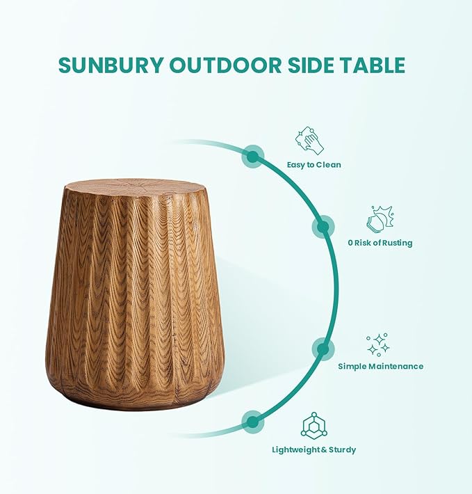 SUNBURY Outdoor Side Table, Stump End Table, Wood Stump Stool Light Oak, Round Concrete Side Table Colored Faux Wood, Ottoman or Plant Stand, Deck or Garden