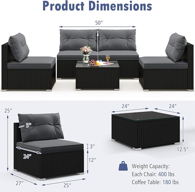 Tangkula 5 Piece Rattan Sofa Set, Outdoor Wicker Furniture Set w/Seat & Back Cushions, Square Coffee Table, Patio Sectional Sofa Set for Backyard, Poolside, Garden (Grey)
