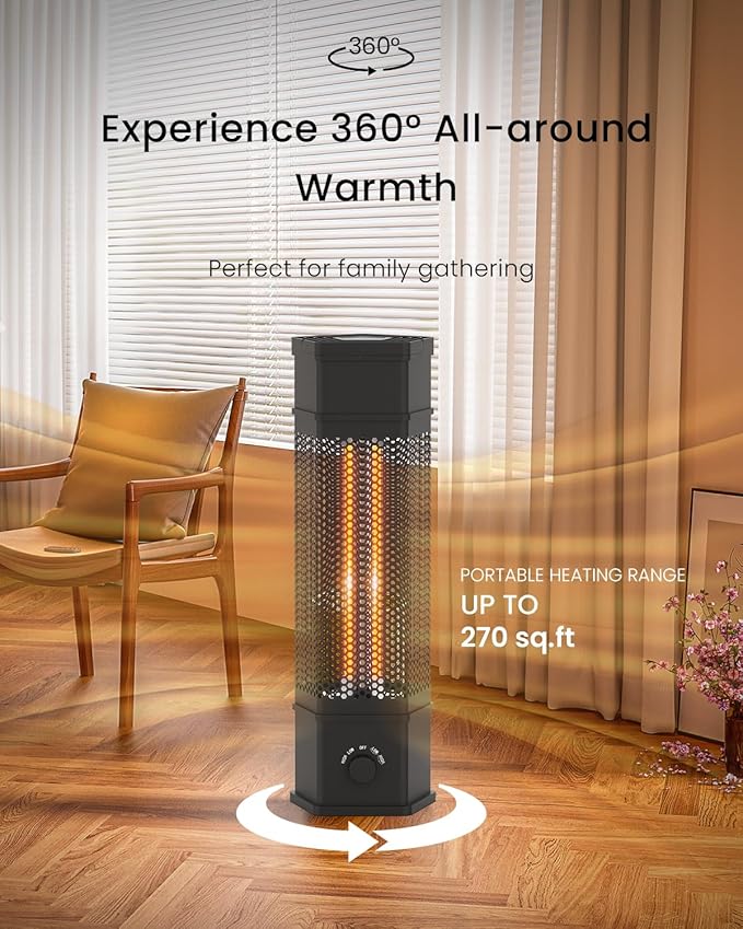 Electric Patio Heater Outdoor Indoor Use, 360°All-round Heating, 1500W Infrared Tower Heater, Tip-Over & Overheat Protection Portable Space Heater for Large Room, Backyard, Home
