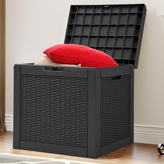 YITAHOME 32 Gallon Rattan Deck Box,Indoor Outdoor Storage Box for Patio Furniture,Pool Accessories, Cushions,Garden Tools, Sports Equipment, Waterproof Resin with Lockable Lid and Side Handles (Black)