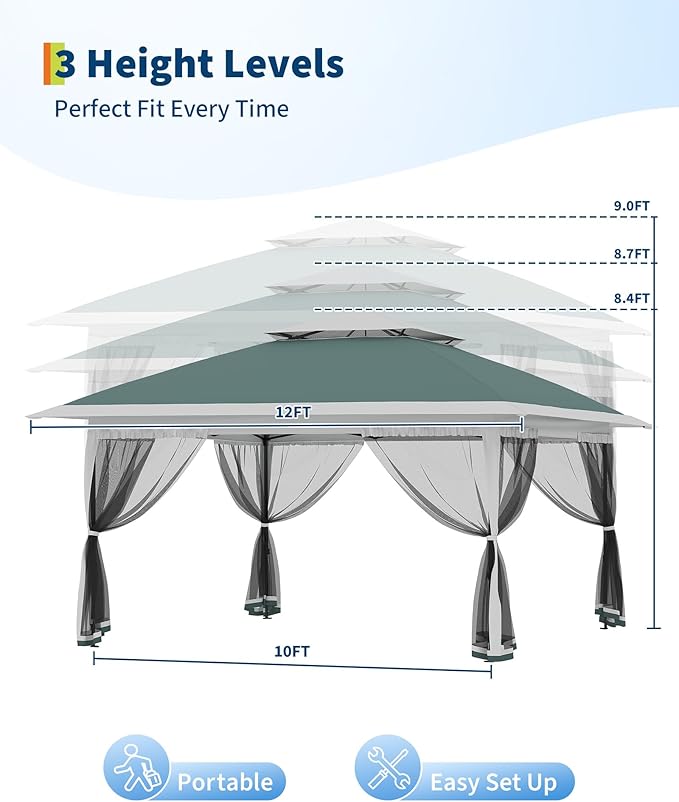 Garvee 12x12FT Pop Up Gazebo with Mosquito Netting, Outdoor Canopy Tent Easy Setup for Backyard Patio Garden Deck, Green