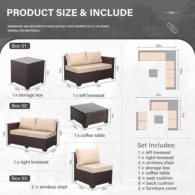 Valita 6 Pieces Wicker Patio Furniture Set Outdoor Sectional Conversation Sofa Set with Storage Bin and Glass Table with Non-Slip Cushions Furniture Covers, Beige