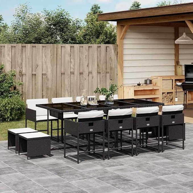 13-Piece Outdoor Dining Set, Large Rectangular Garden Table with 12 Foldable Chairs, PE Rattan Furniture for Patio, Backyard, and Balcony, Black